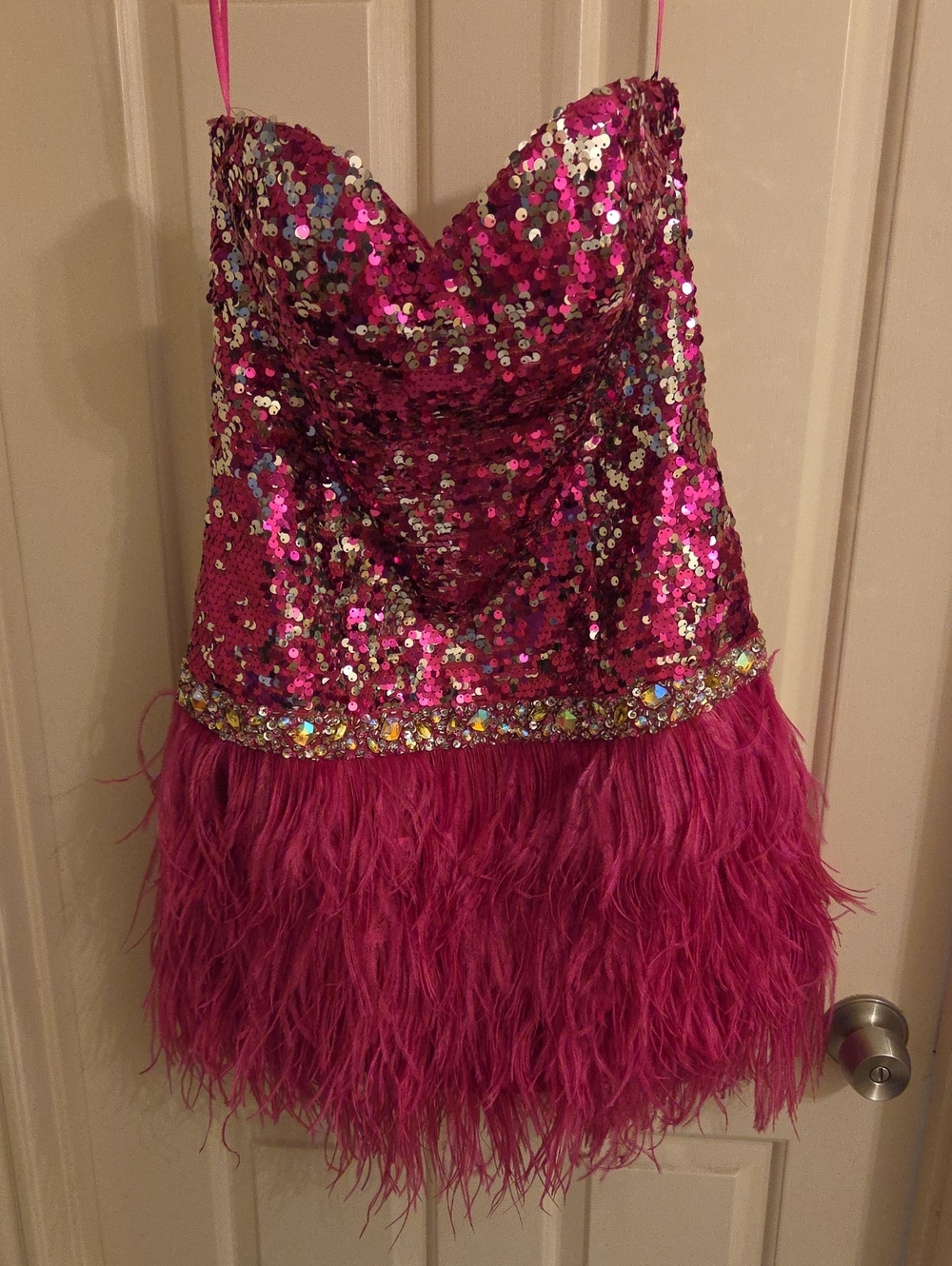 Night Moves Hot Pink Sequin & Feather Party Dress